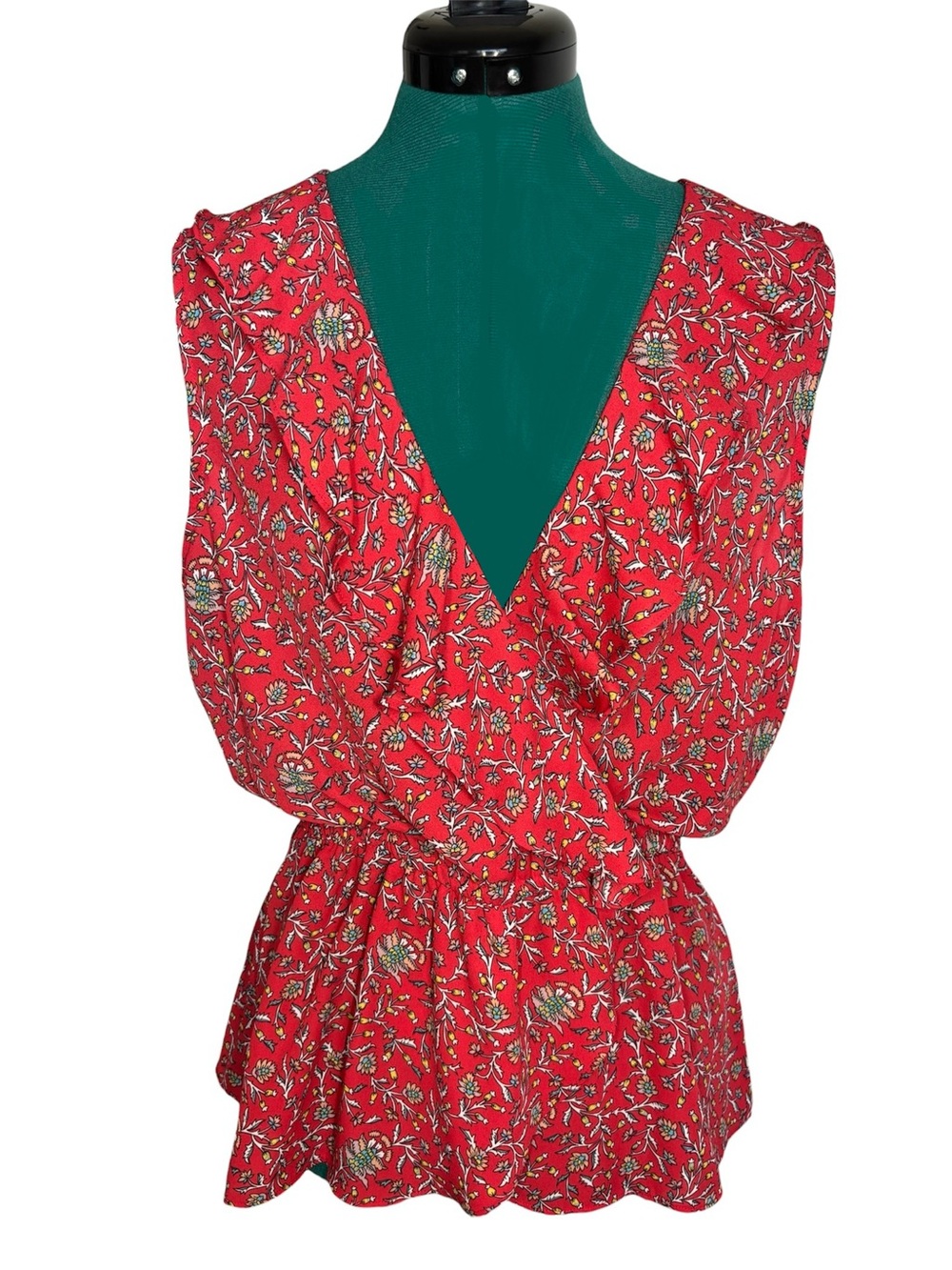 Max Studio Floral Sleeveless Wrap Flutter V-Neck Top - Red